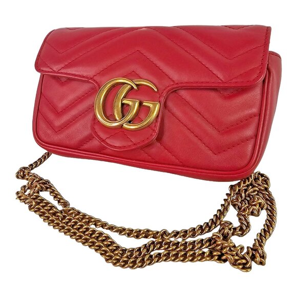 GUCCI Matalasse Super Mini GG Marmont Shoulder Bag Hibiscus Red Chain Strap - Picture 4 of 16